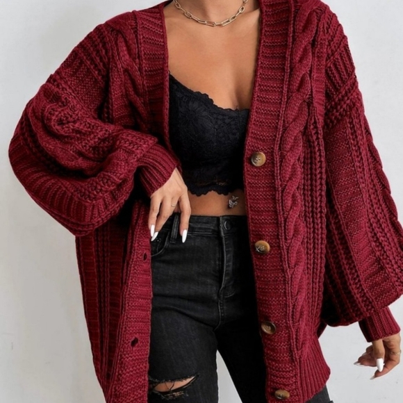 Burgundy Womens button down Cable Knit Cardigan - Picture 2 of 3